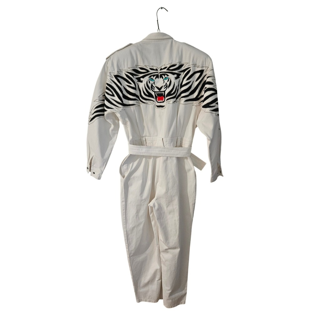 VTG 80s Trash Clothing White Tiger Jumpsuit Embroidered Denim Coveralls Belted - Picture 3 of 11
